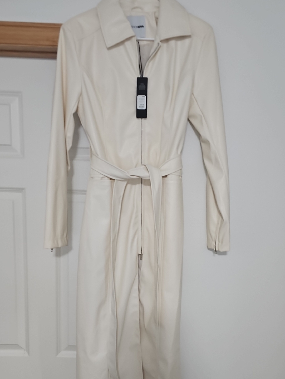 New With Tag! Fashion Nova Cream Faux-Leather Trench Coat with Tie Waist